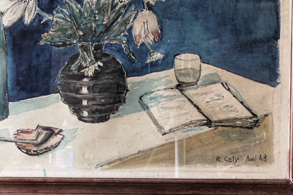 Cubist still life with bouquet, signed R. Caly 1948
