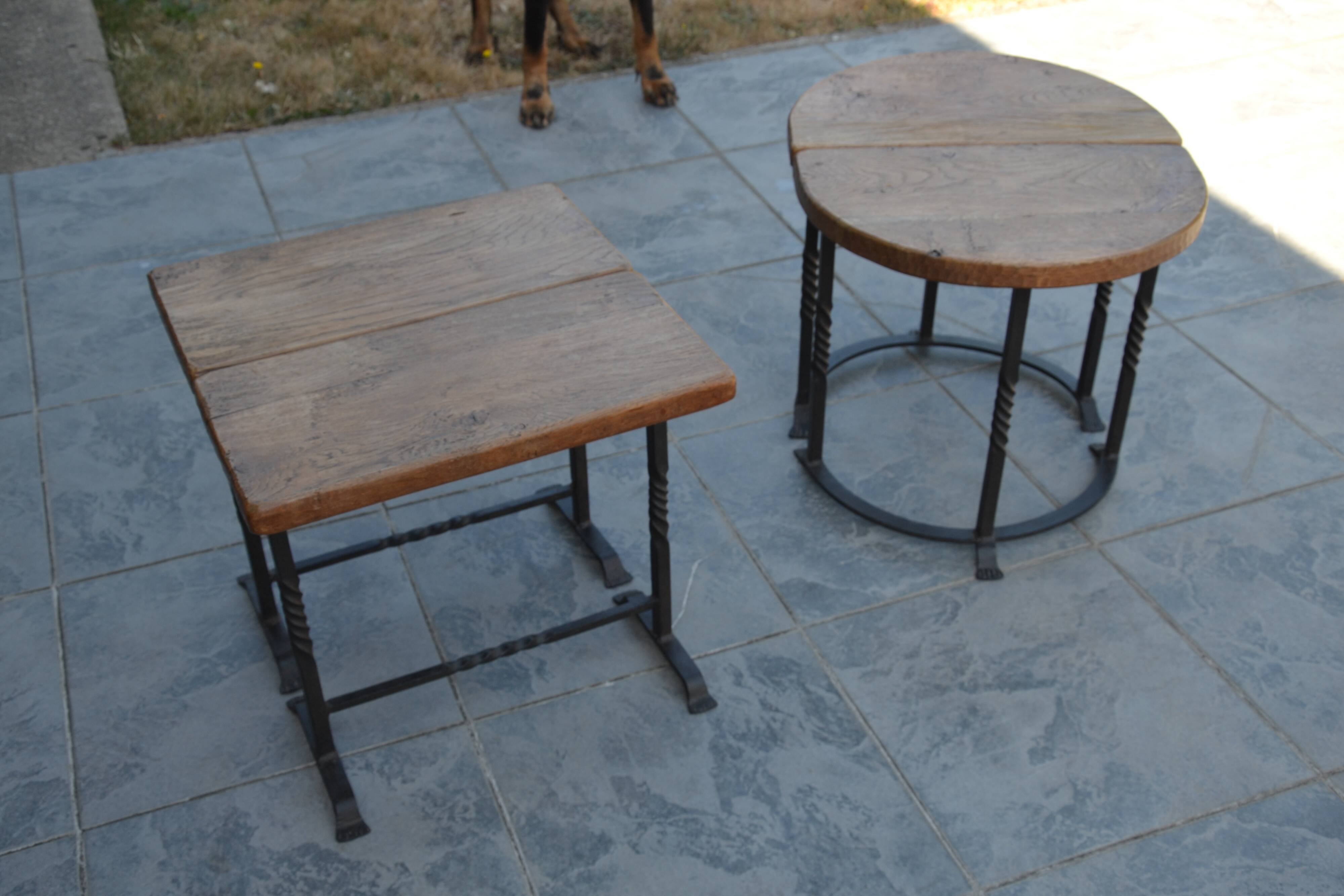 Unusual modular coffee table in oak and wrought iron.