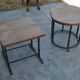 Unusual modular coffee table in oak and wrought iron.