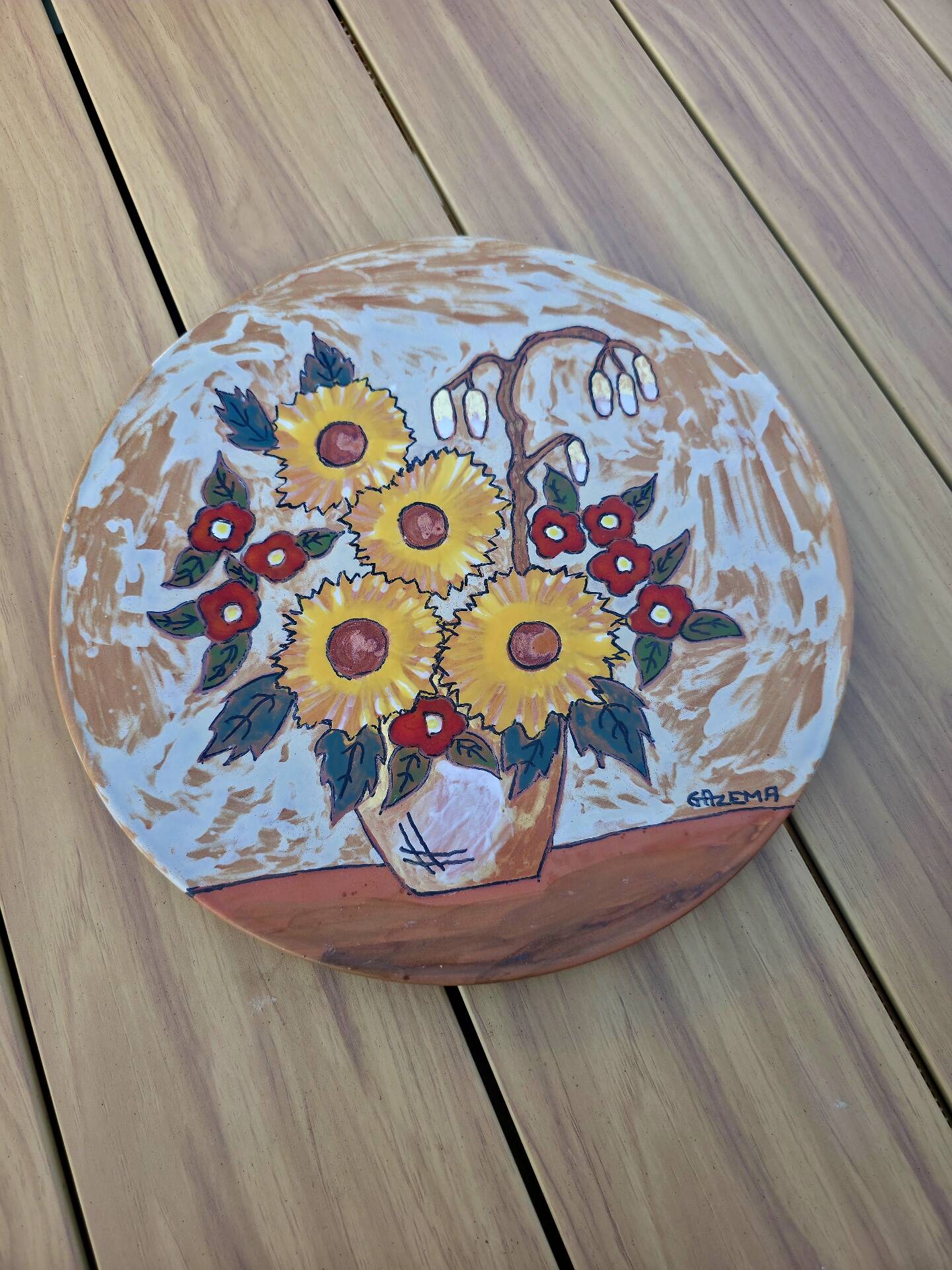 Vintage Vallauris Ceramic Large Plate 35 cm – G. Azema – Sunflower