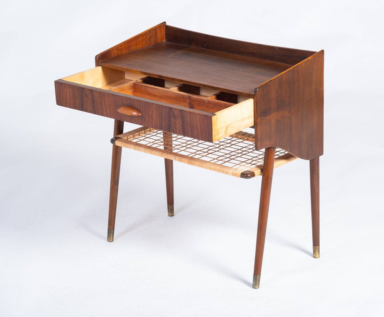 Side Table in Rosewood with Drawer and Rattan Shelf, Denmark, 1960s