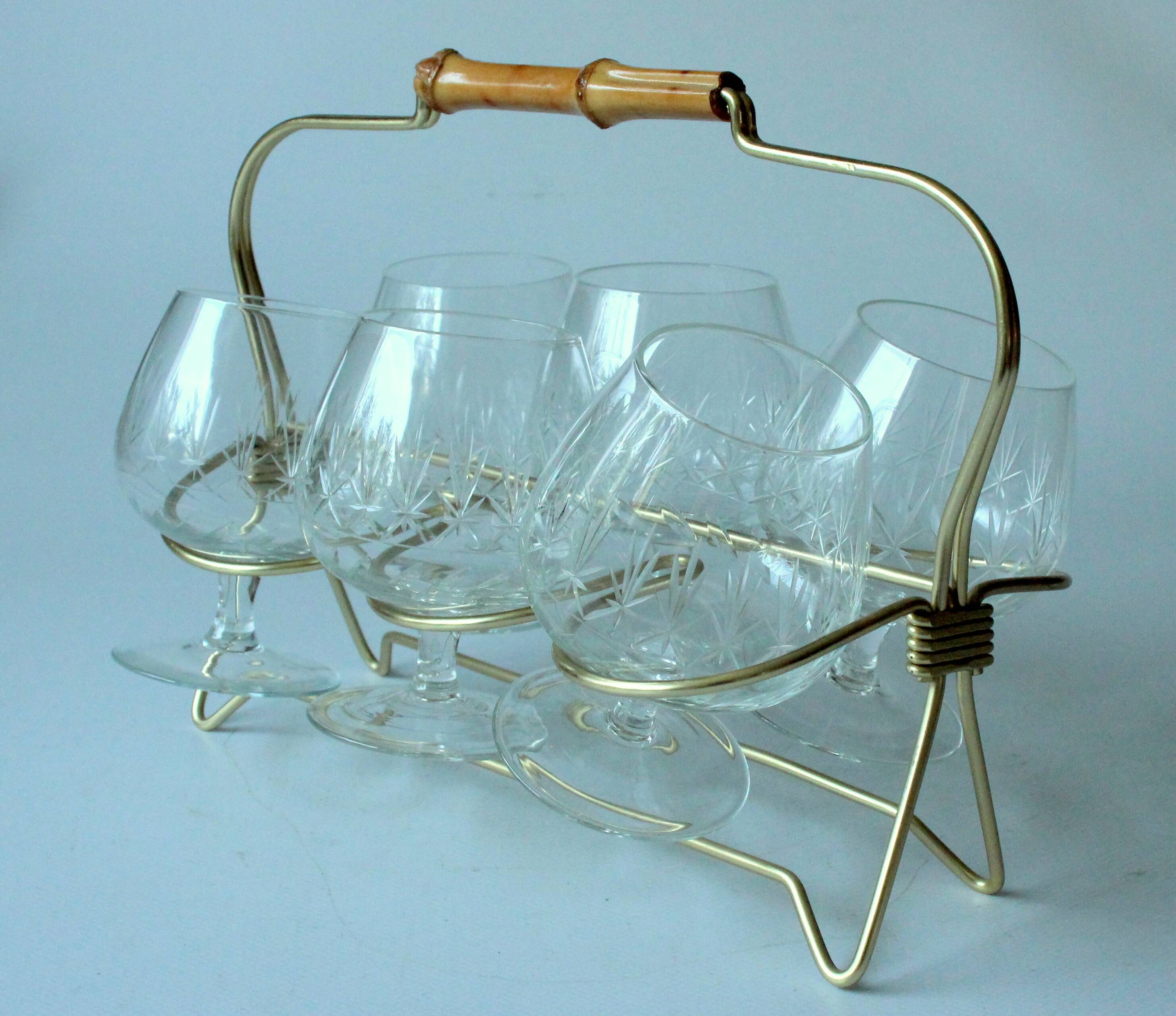 1950s - 6 cognac glasses on a brass tray as a set - Vintage