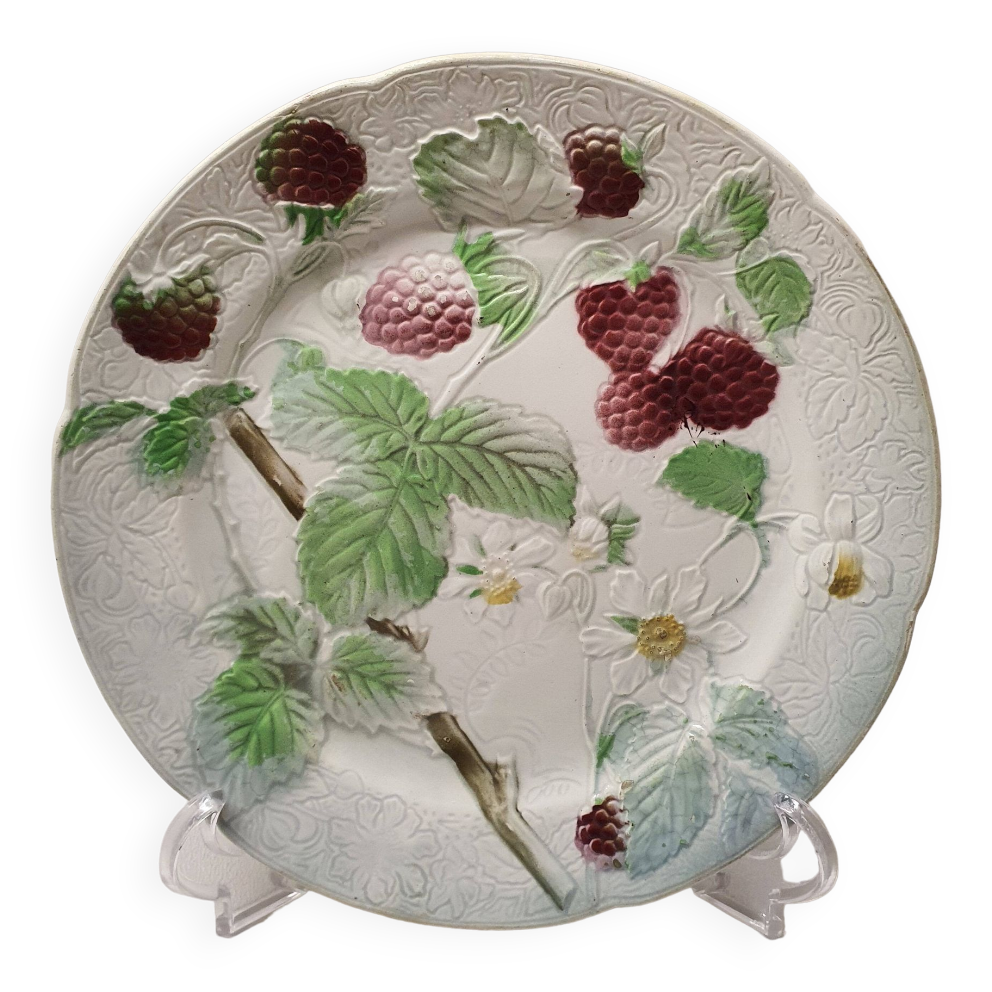 Decorative Plate Barbotine St Clément Made In France Vintage Raspberry Pattern