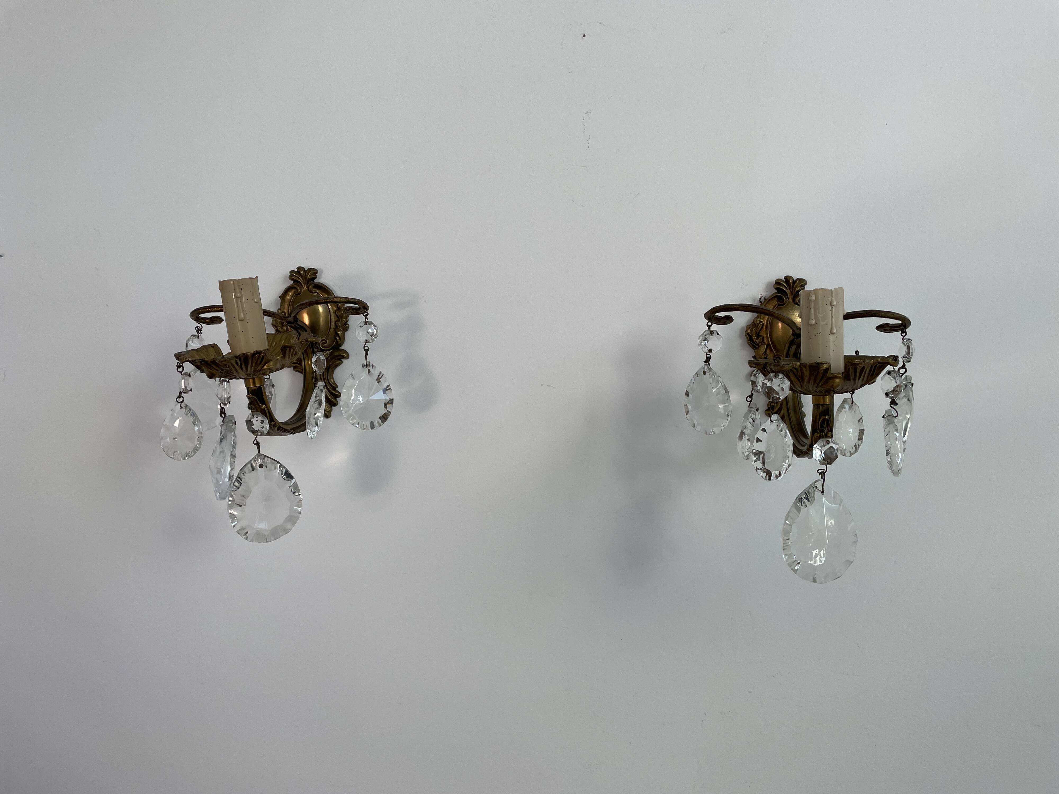 Pair of antique wall lamps - golden metal - grapevines - 1 lights