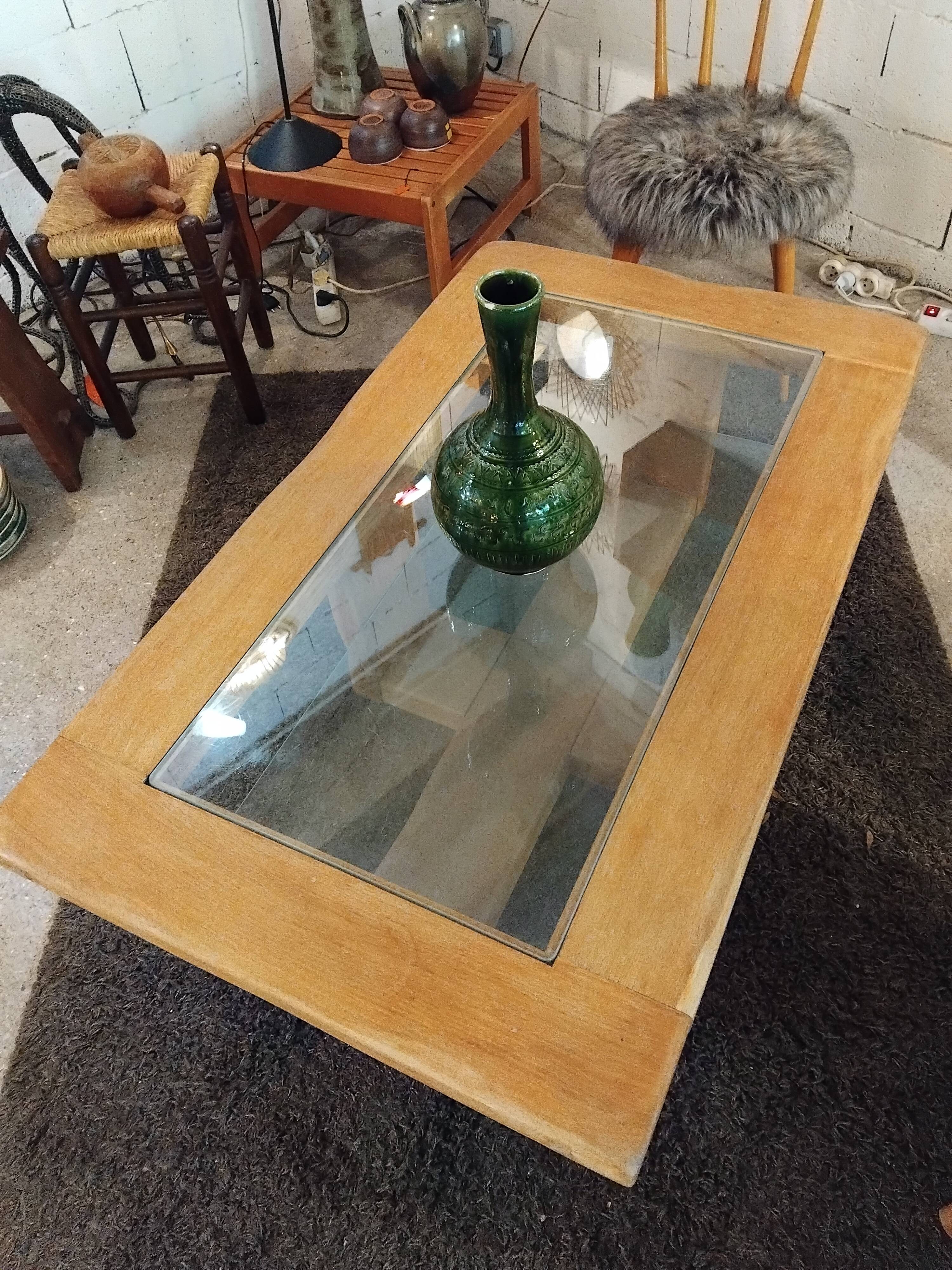 table basse vintage en chêne massif double plateteau verre