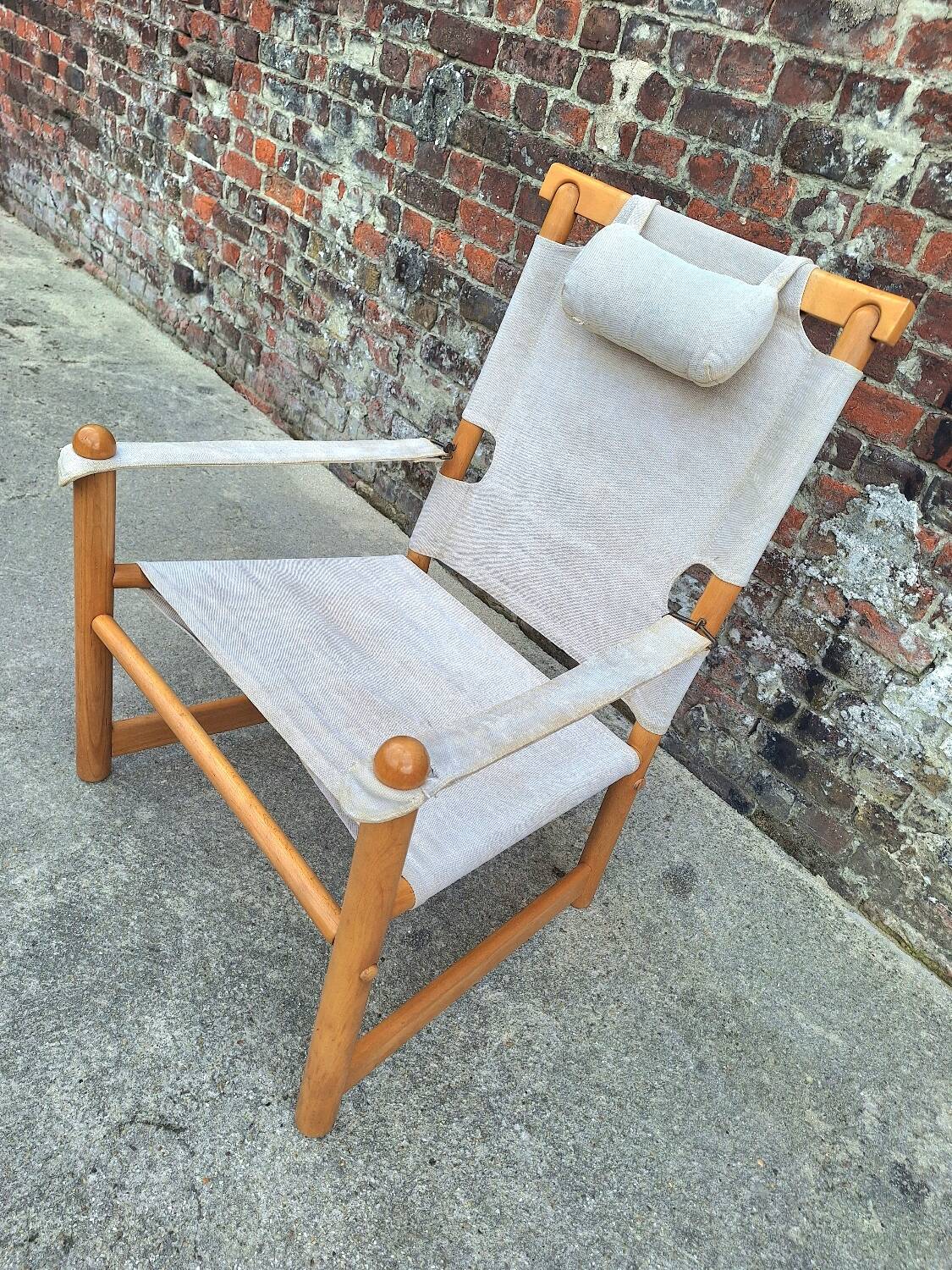 Vintage safari armchair, antique elm and linen seat furniture