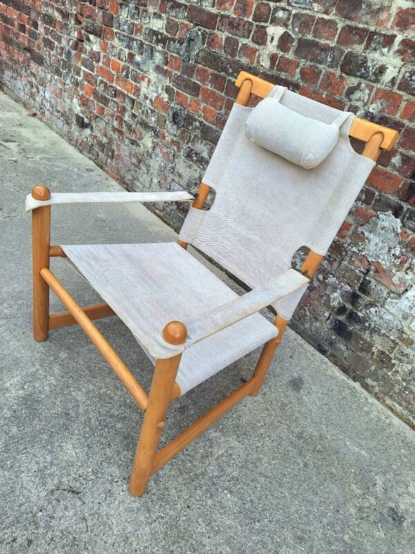 Fauteuil safari vintage, meuble siège ancien orme et lin