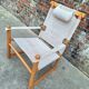 Fauteuil safari vintage, meuble siège ancien orme et lin