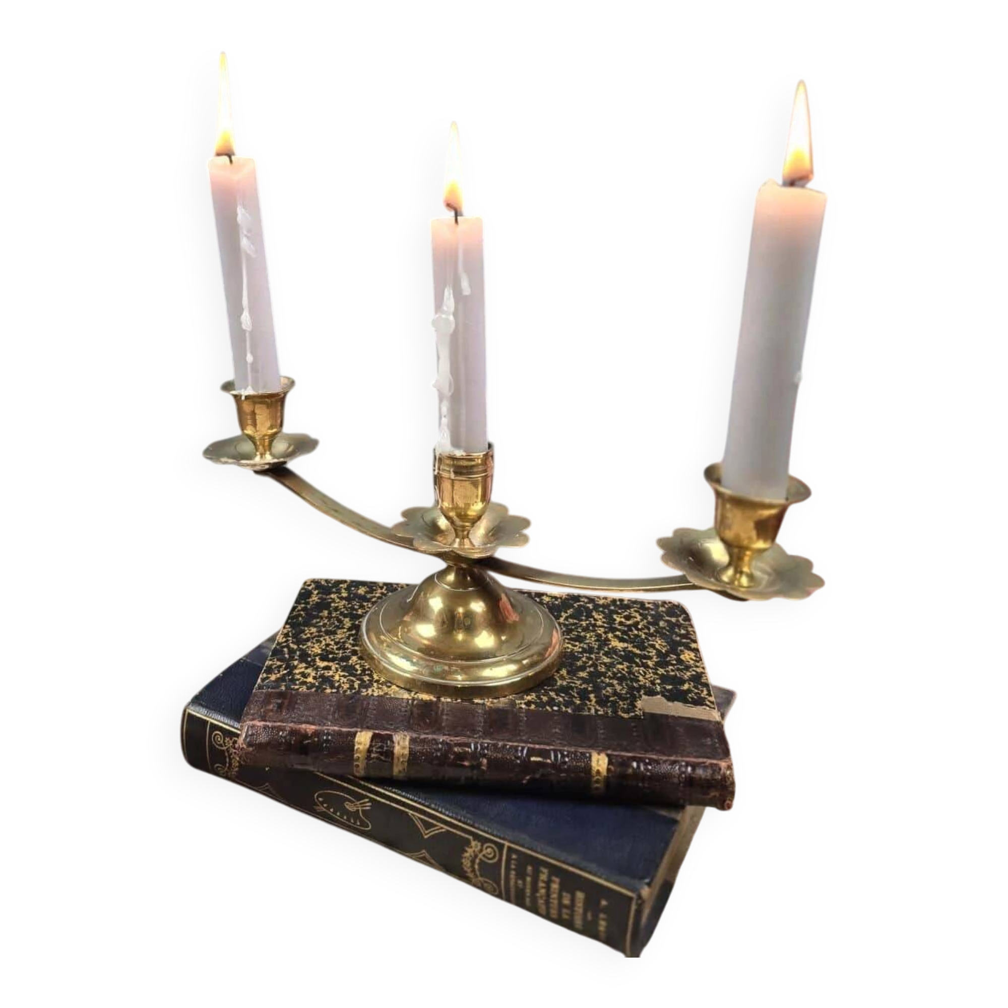 Vintage brass candle holder with 3 lights, flower drip trays, ideal for a centrepiece.