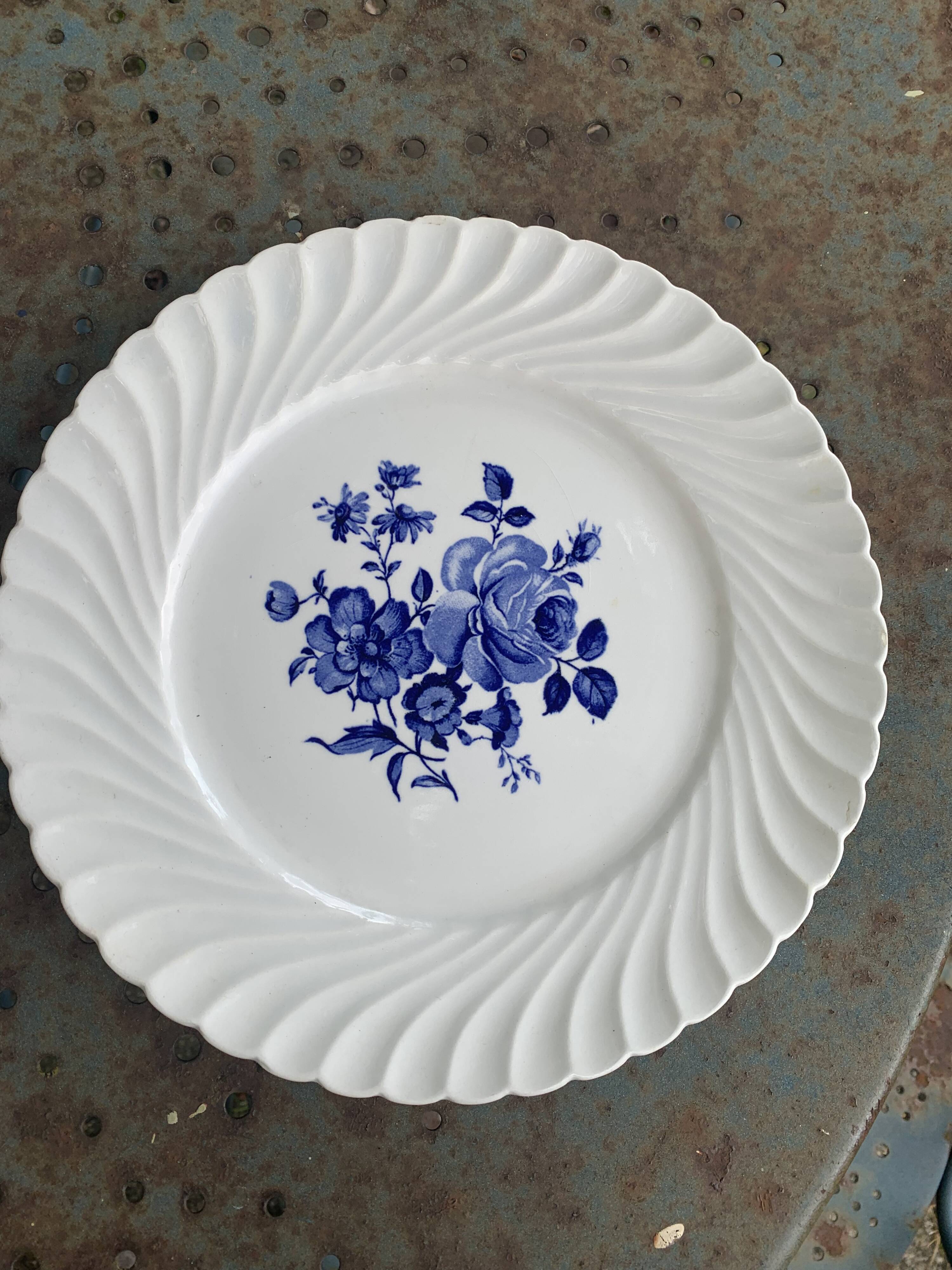 3 Luneville France vintage blue rose dinner plates