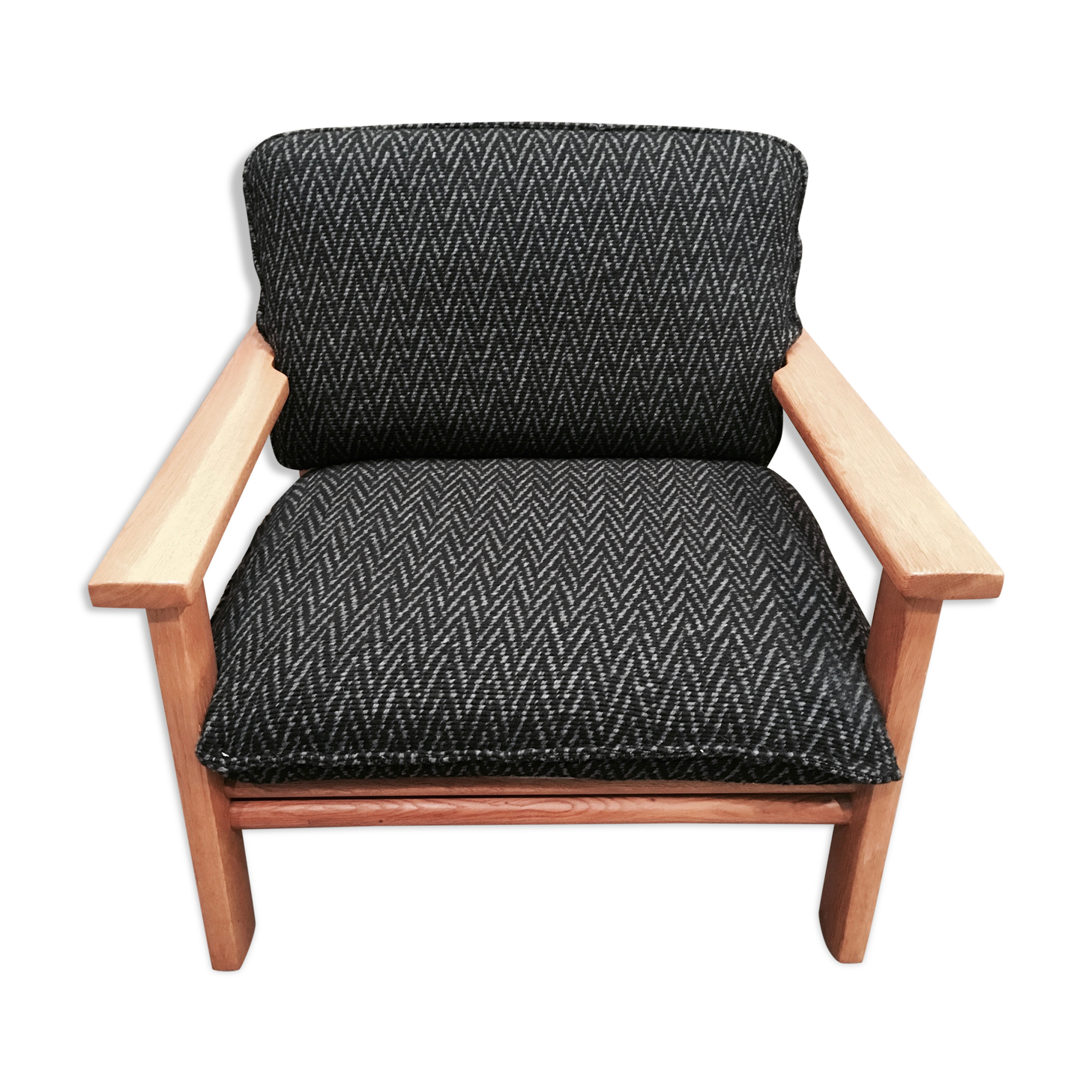 Wide armchair Scandinavian solid oak design 1960