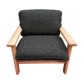 Wide armchair Scandinavian solid oak design 1960