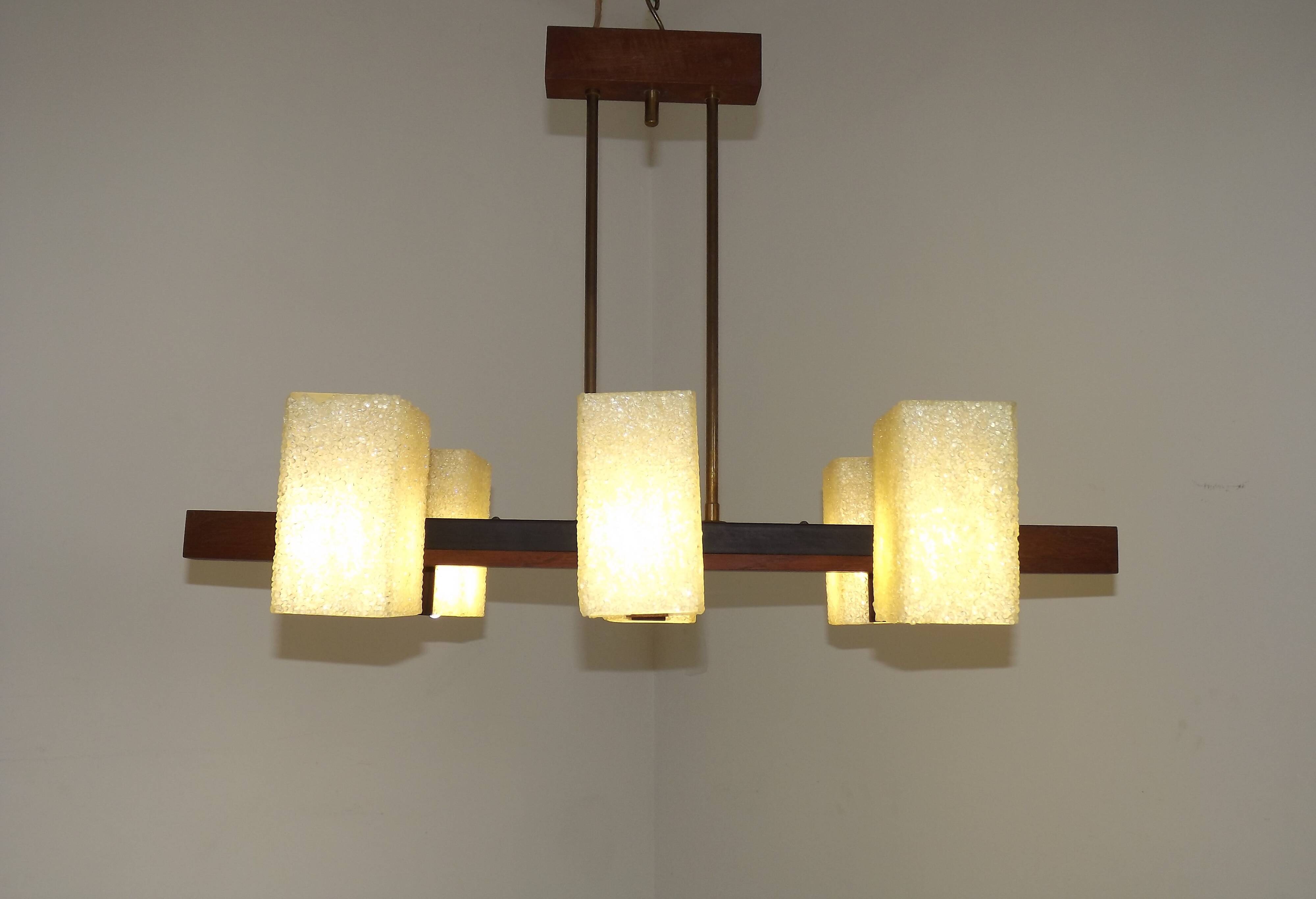 Vintage Retro Scandinavian Style 6 Light Teak Brass & Perspex Chandelier 4444