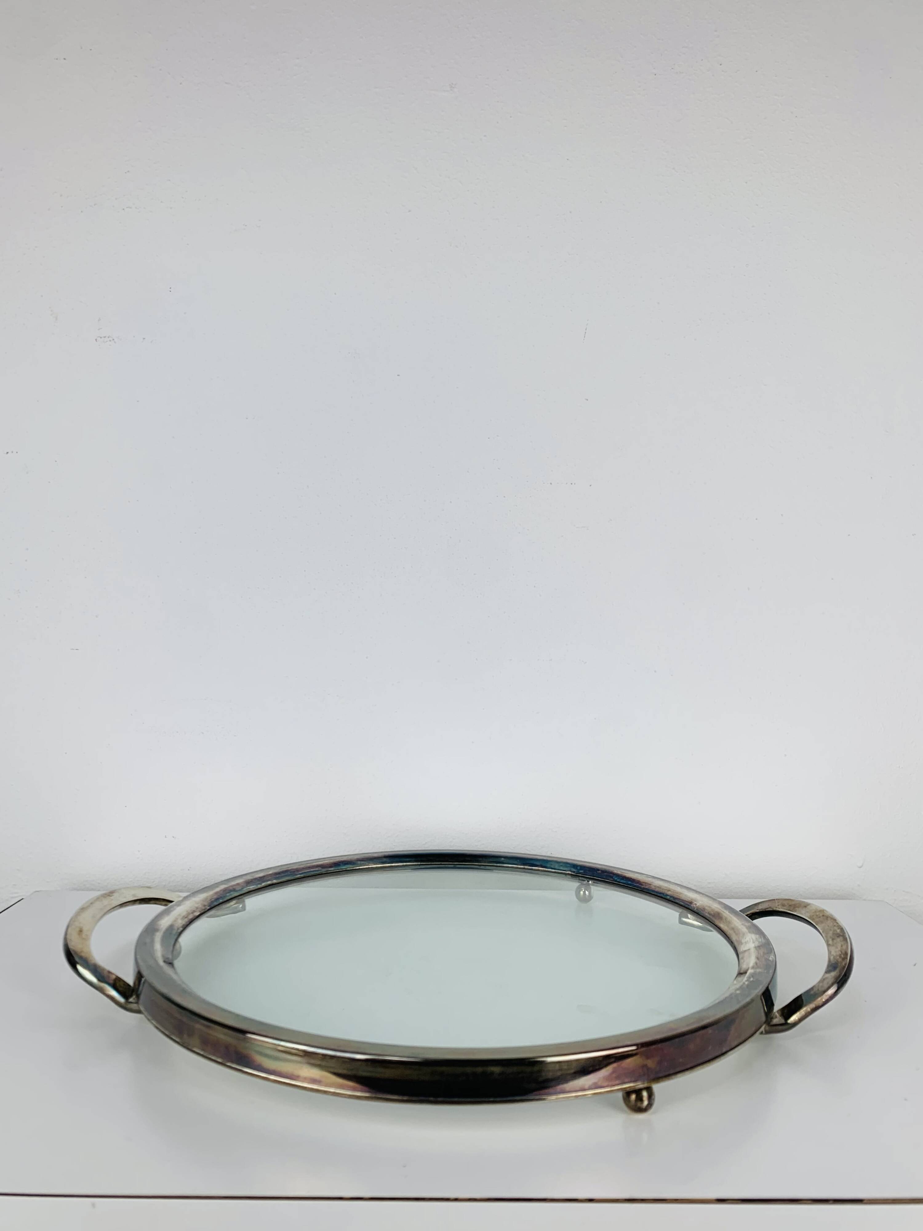 Plateau en métal argenté et verre, vintage