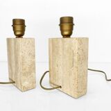 Pair of solid travertine table lamps with incised decoration, French production.