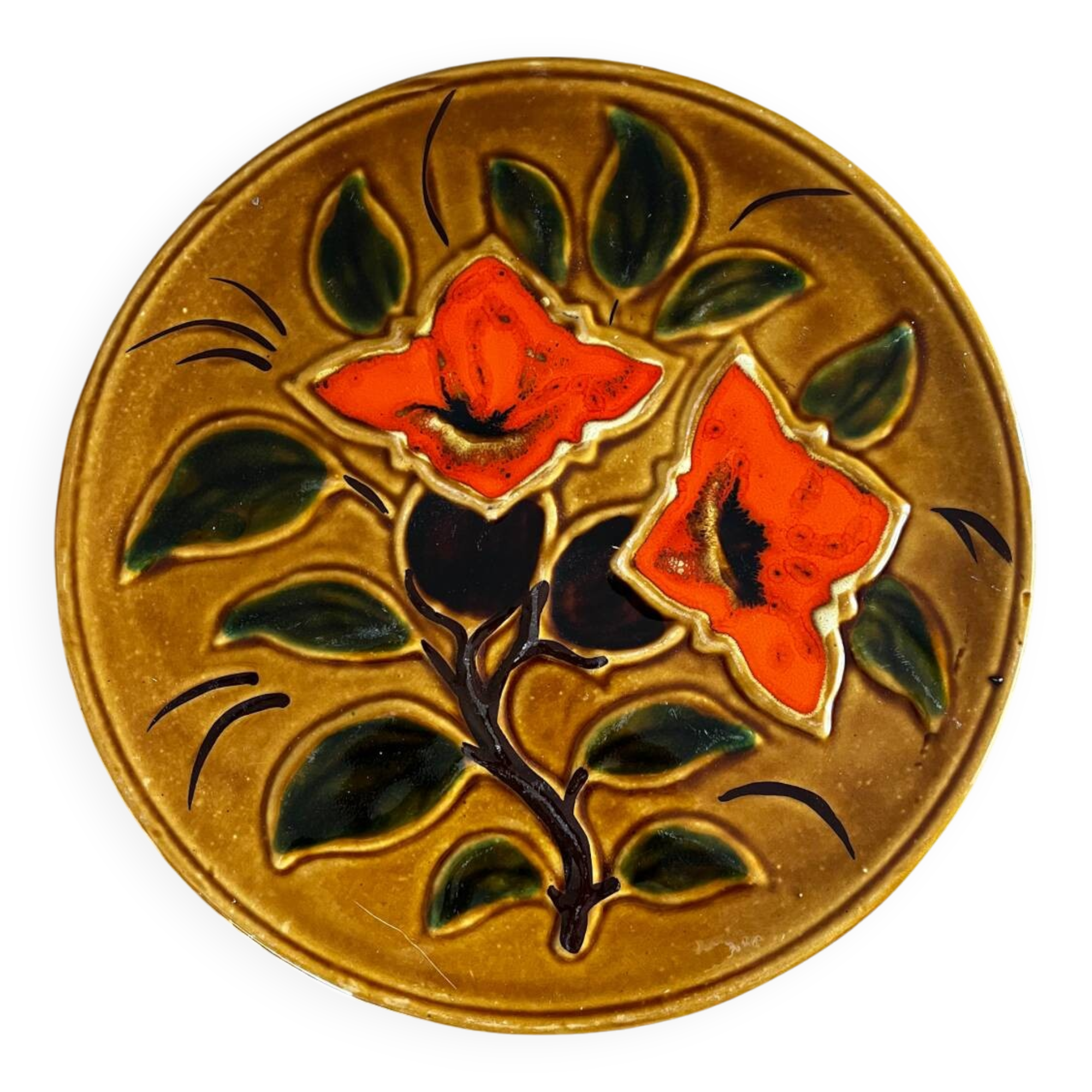Vintage Vallauris dish from the 70s – Ø 29.5 cm – orange floral decoration