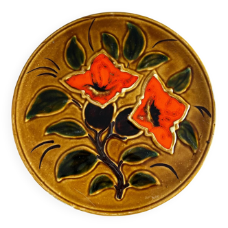Plat Vallauris vintage années 70 – Ø 29,5 cm – décor floral orangé