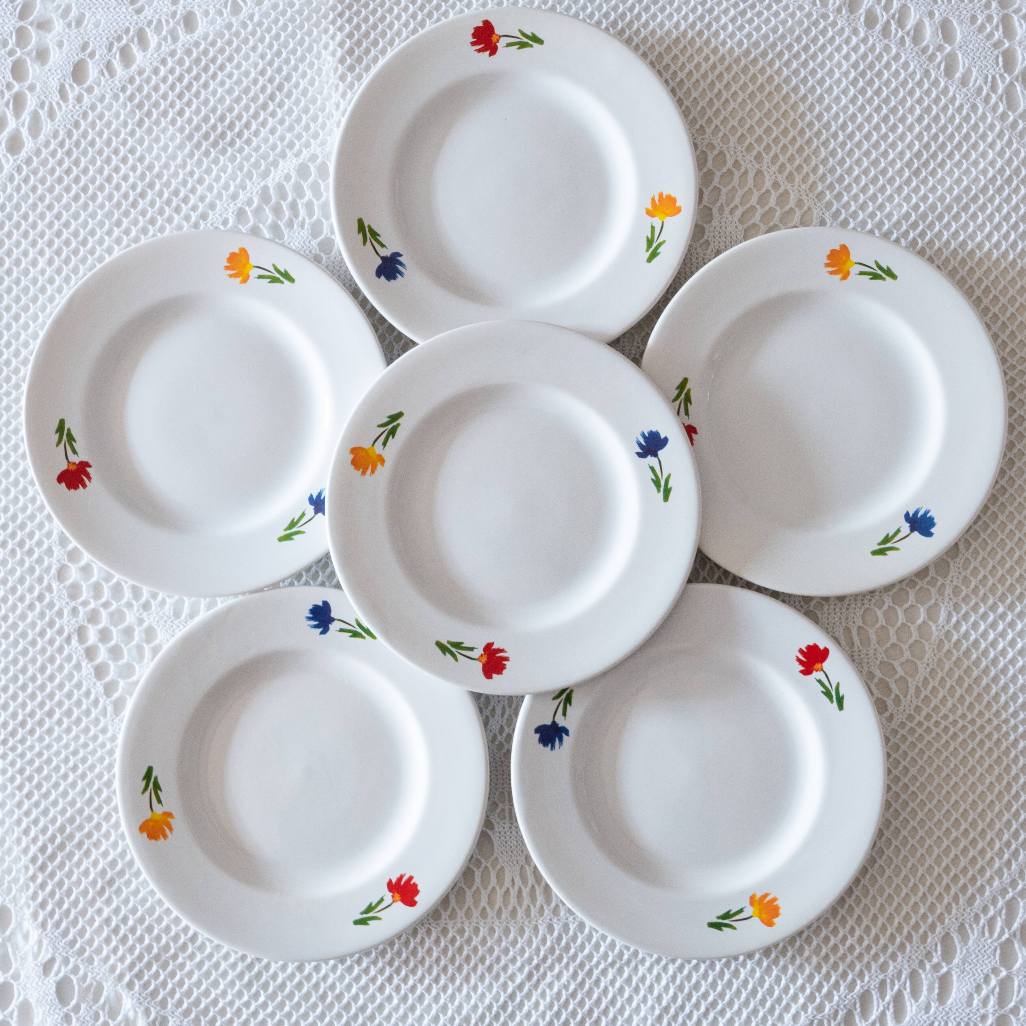 6 vintage tricolor flower plates