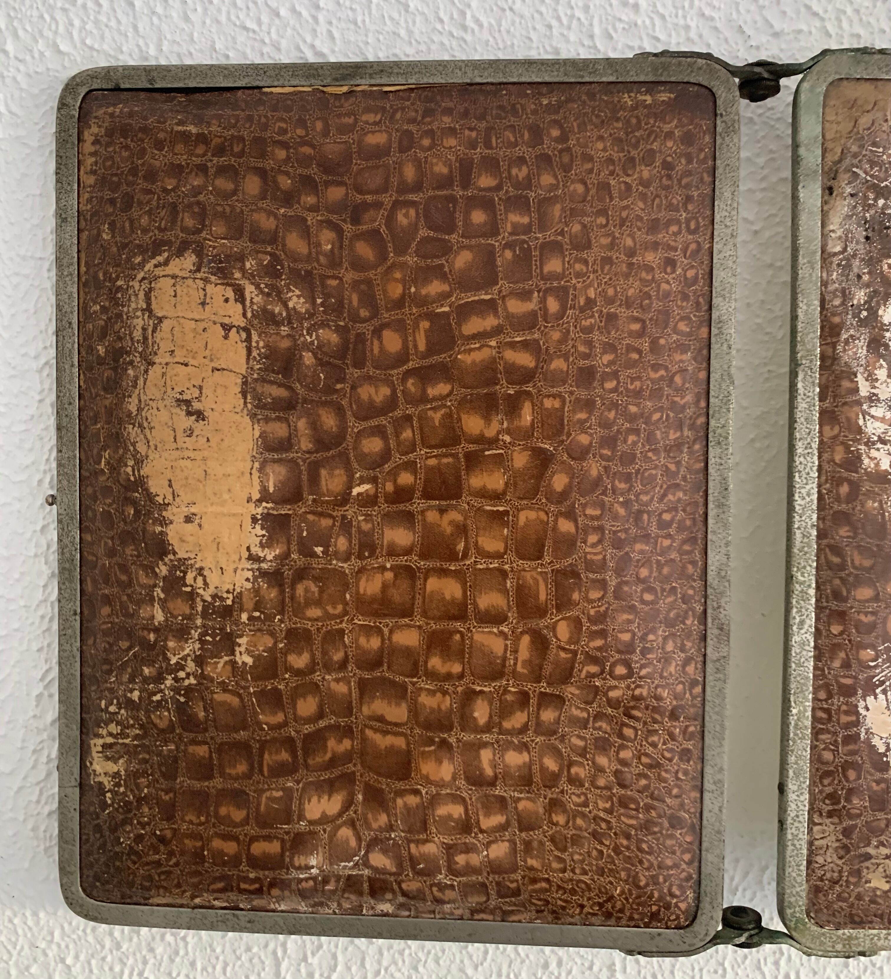 Mirror triptych barber imitation crocodile brown vintage 1930 - 27 x 66 cm
