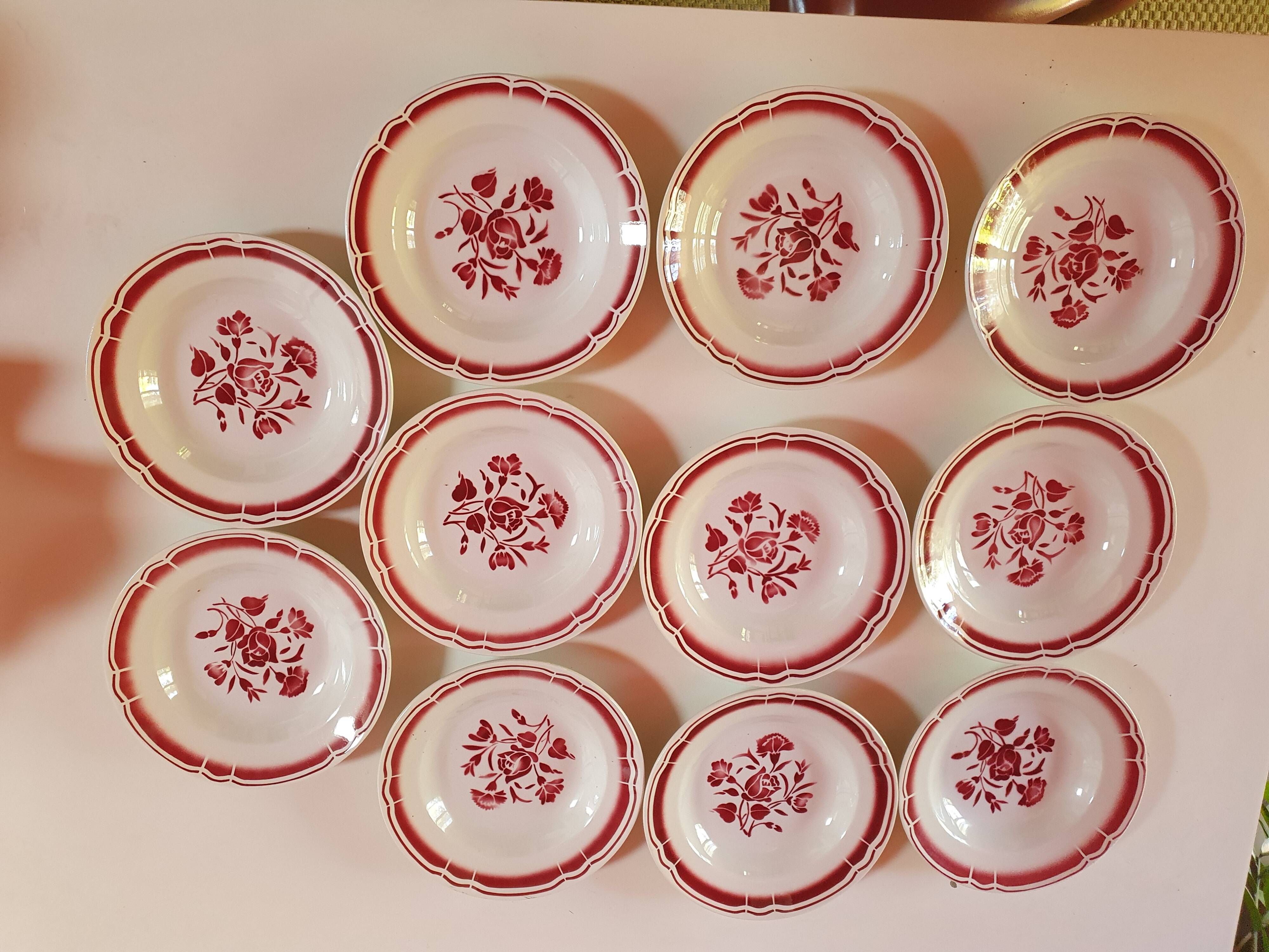 set of 11 vintage soup plates with red flowers