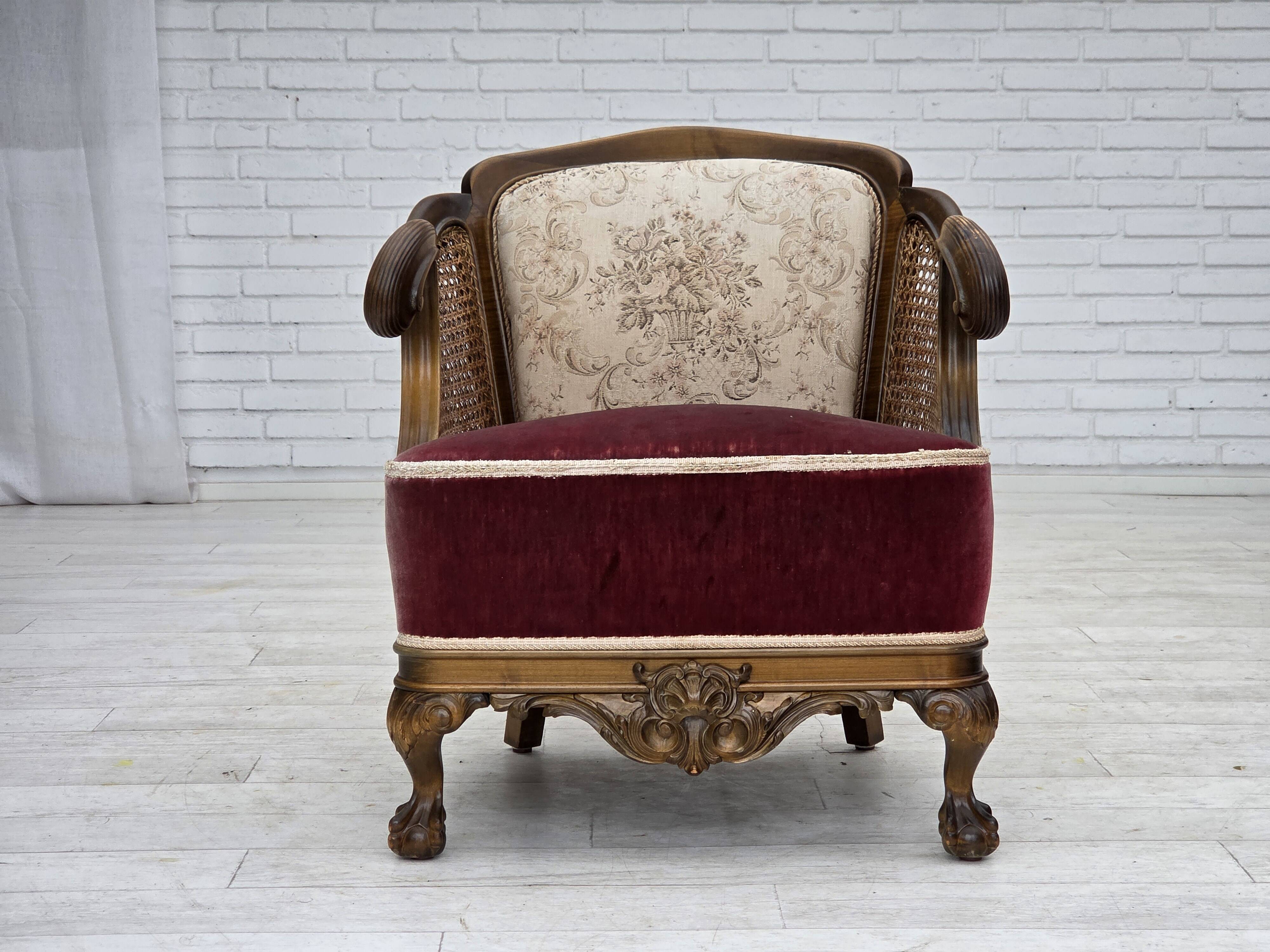 1940s, Danish armchair, woven wool, velour, mesh, carved oak wood.