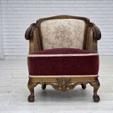 1940s, Danish armchair, woven wool, velour, mesh, carved oak wood.