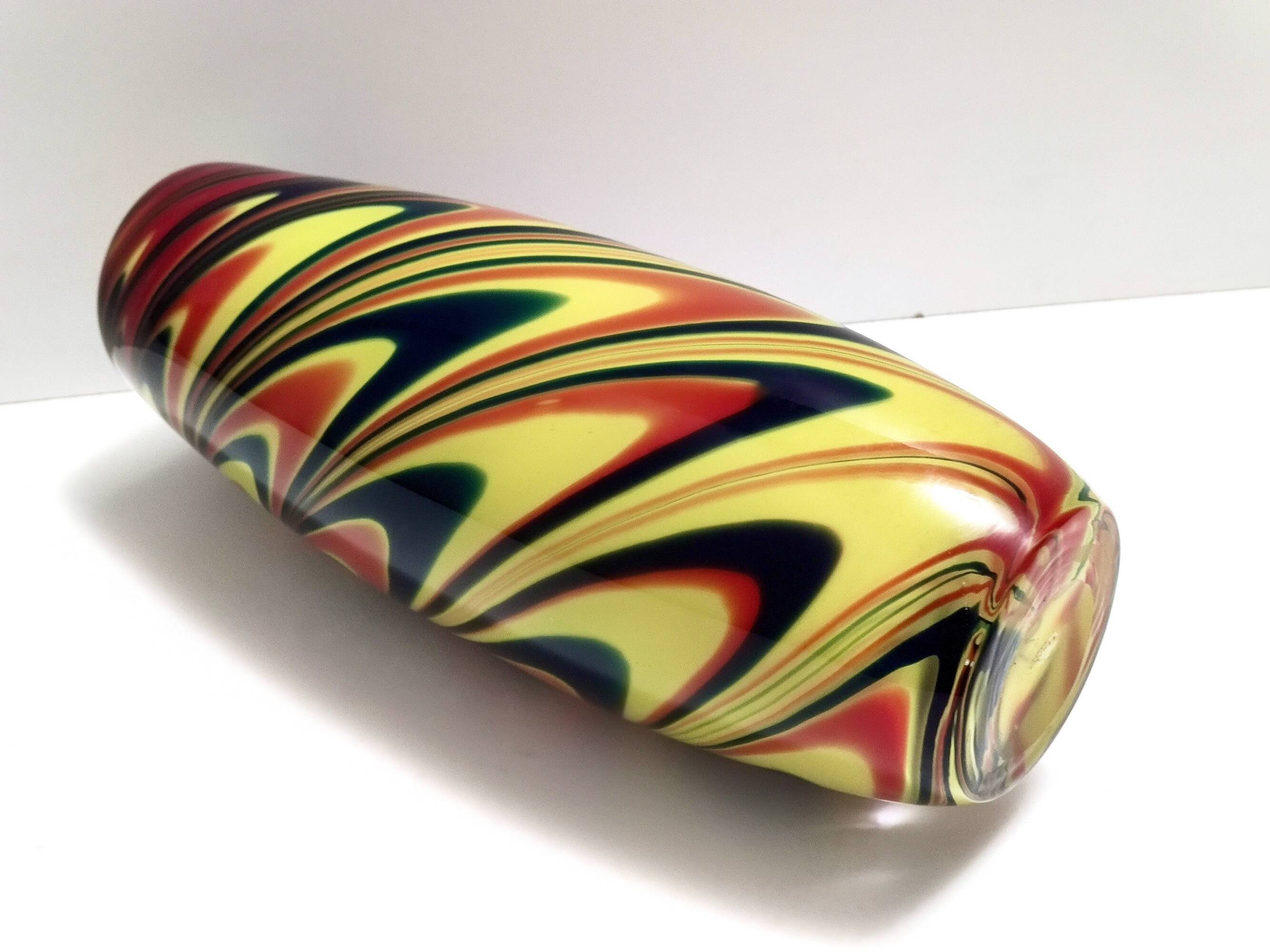 Black, Red and Yellow Encased Hand-Blown Murano Glass Flower Vase, Italy