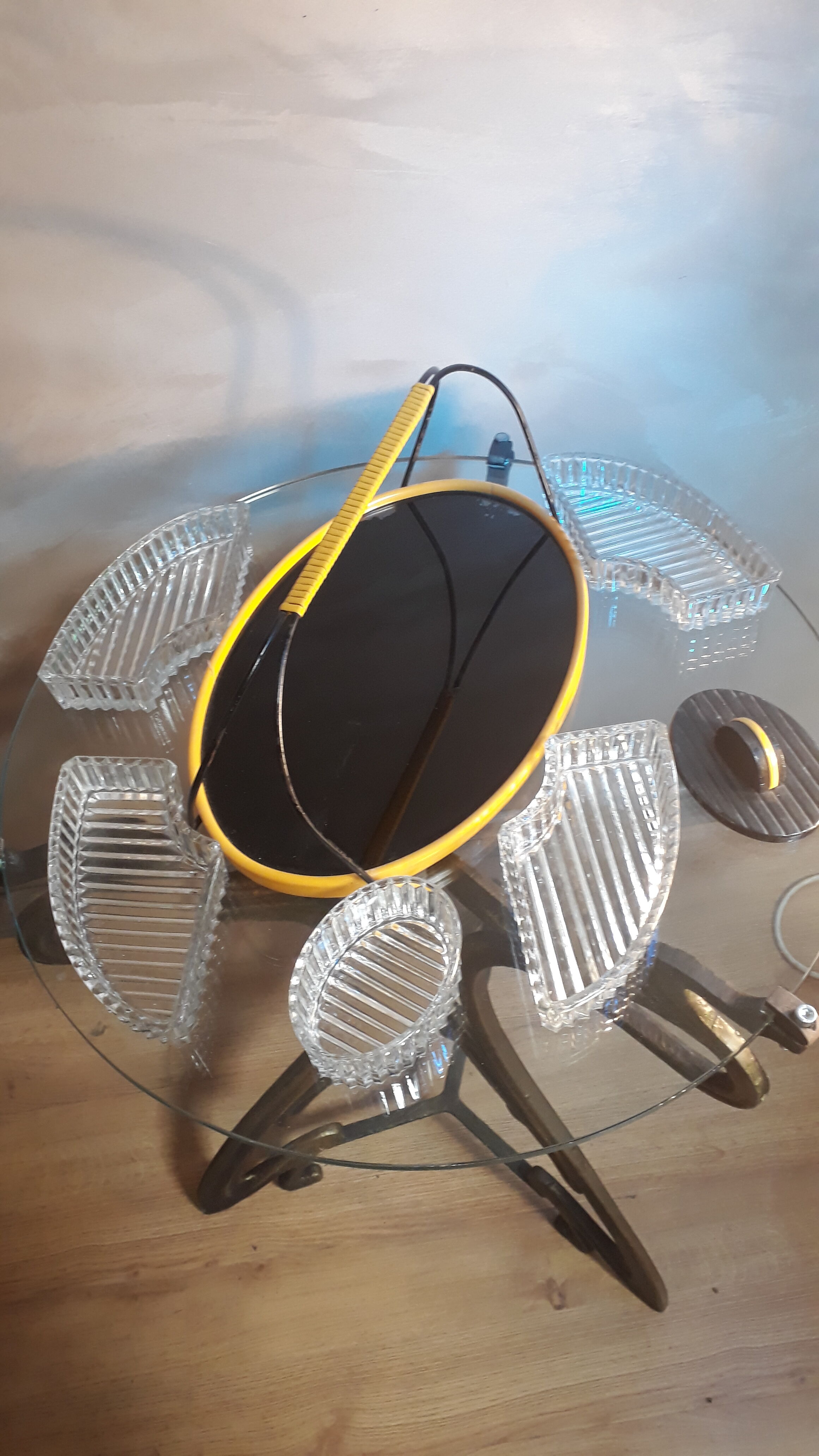 Vintage apero tray, moulded glass, wood and black steel, mirror some natural wear stains.