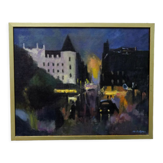 Swedish artist, scandinavian modern city landscape, 1970s, oil on canvas, signed,  framed