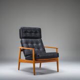 Armchair with Model FD 164 frame by Arne Vodder and Model 118 armrests by Grete Jalk in teak and black leather, Denmark, 1960s