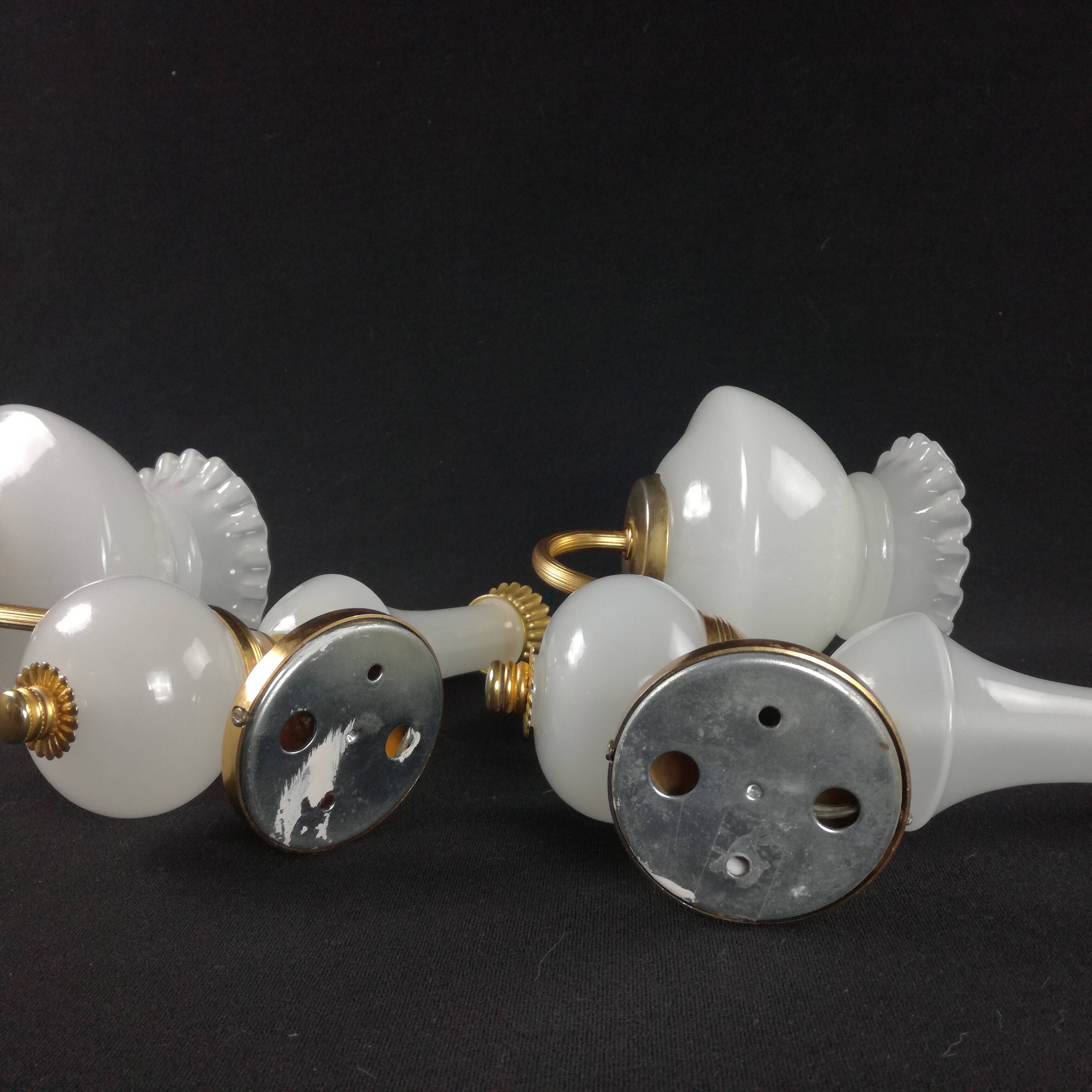 2 wall lights in gold metal and milky glass, swan neck
