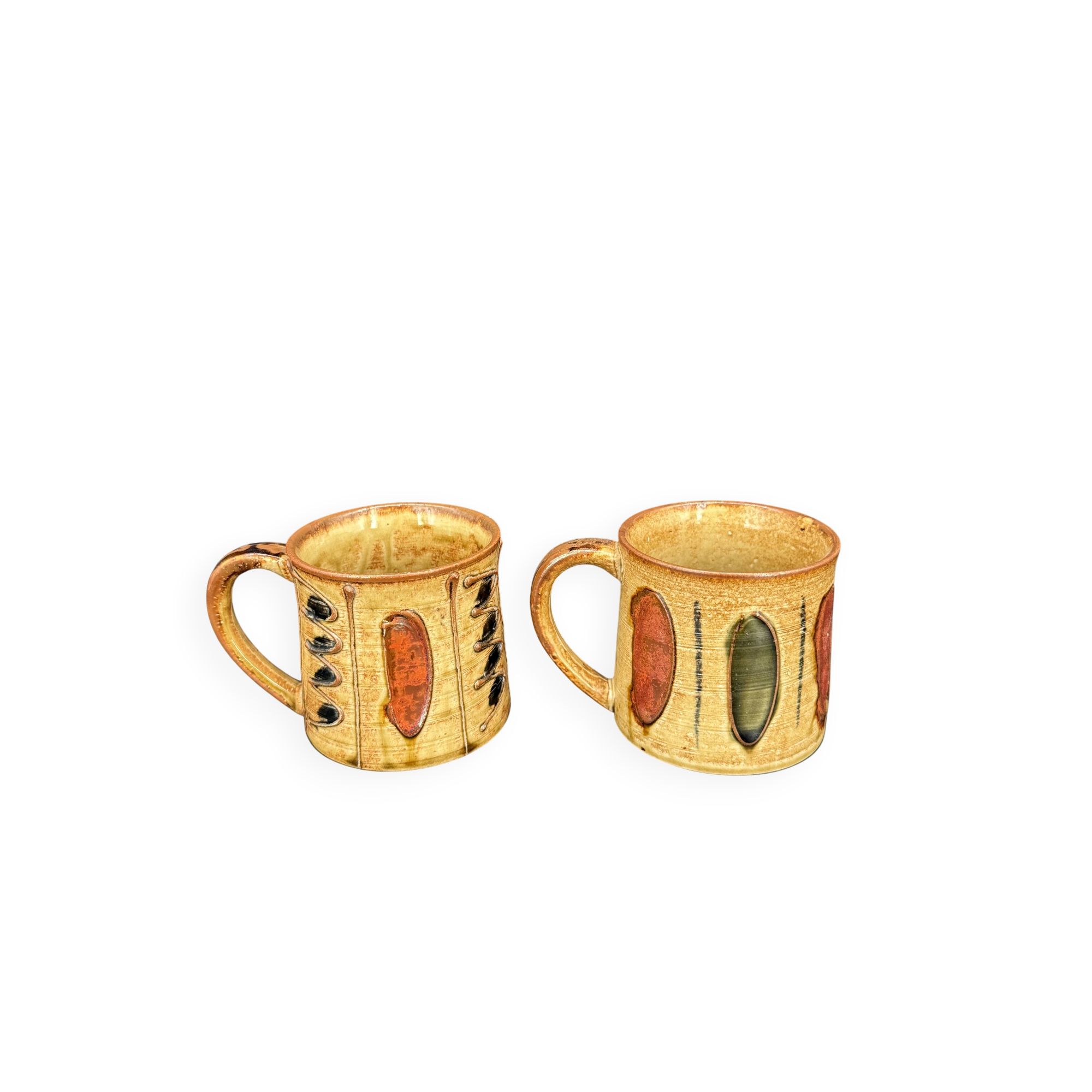 Pair of glazed stoneware mugs — abstract decor from the 70s