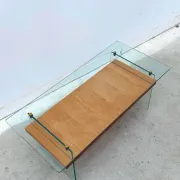 Coffee table by Robert Debiève in ash veneer, glass and brass, France 1950.
