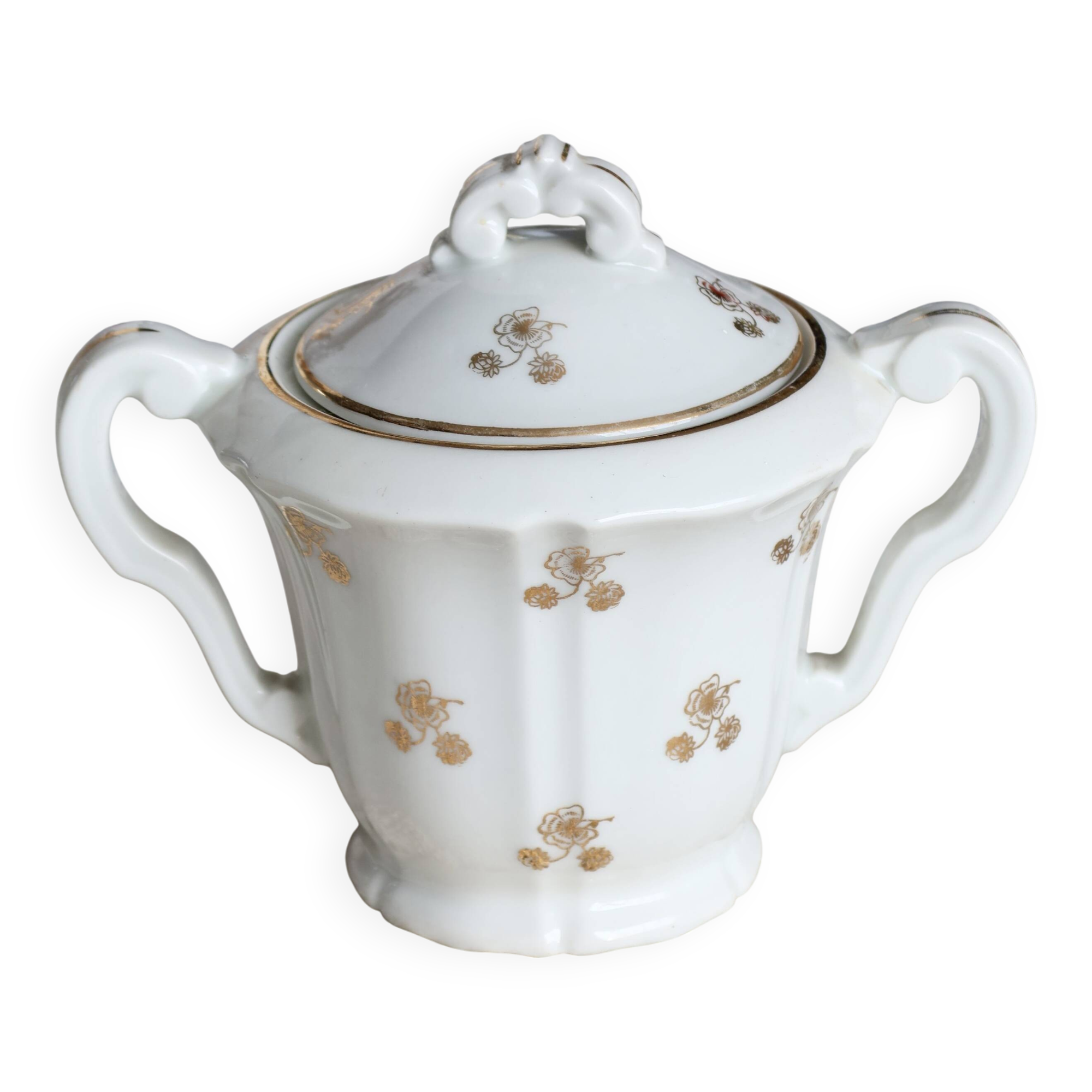 Antique PFC France porcelain sugar bowl with double handles – Gold floral decoration