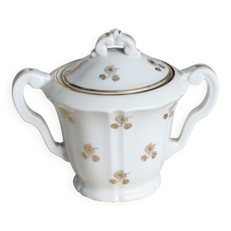 Antique PFC France porcelain sugar bowl with double handles – Gold floral decoration