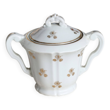 Antique PFC France porcelain sugar bowl with double handles – Gold floral decoration