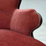 Canapé danois 2 places des années 1950, velours d'ameublement rose saumon, bois de frêne.