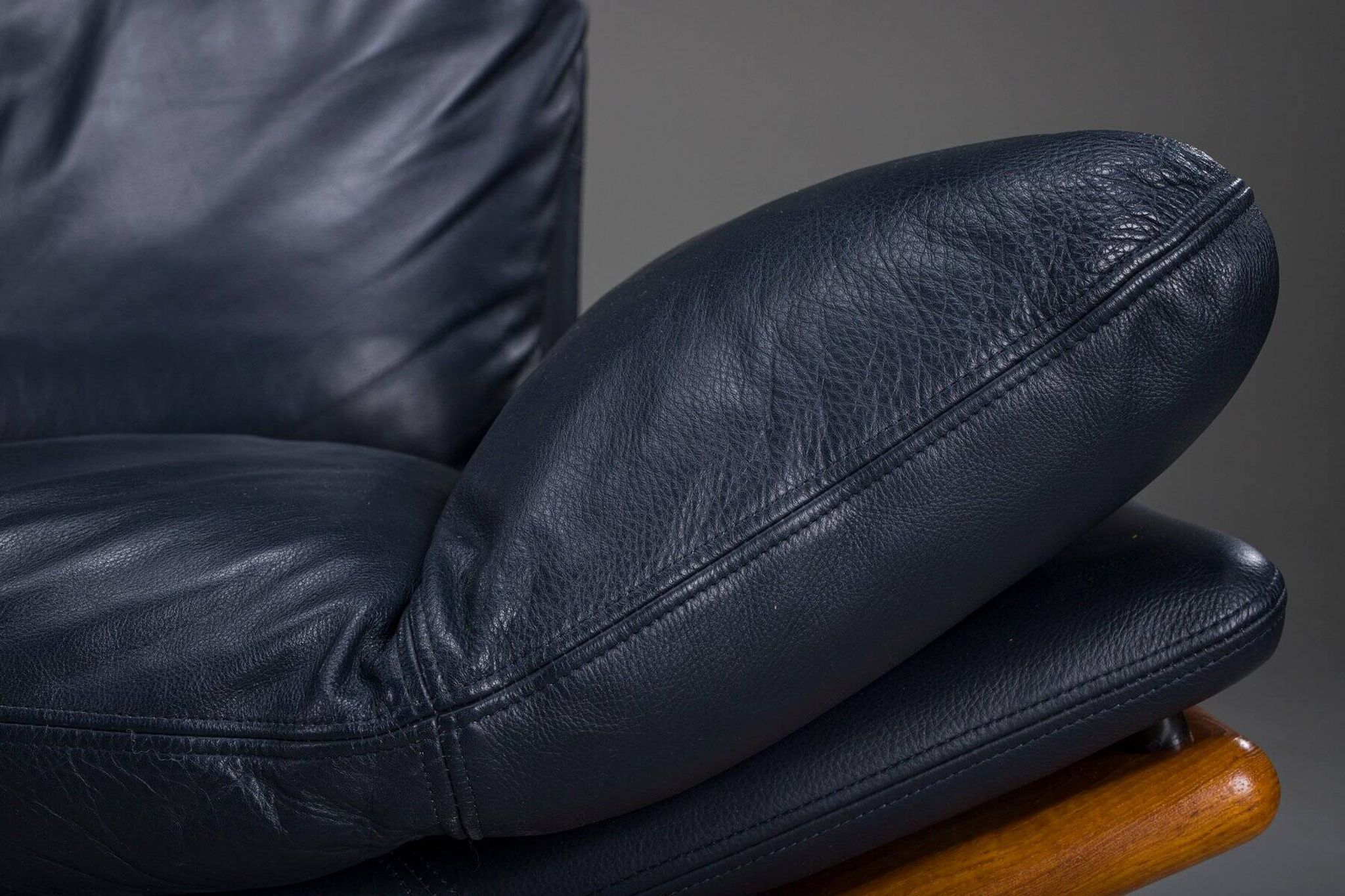 Danish teak and navy blue leather 3-seater sofa from Komfort, 1970s