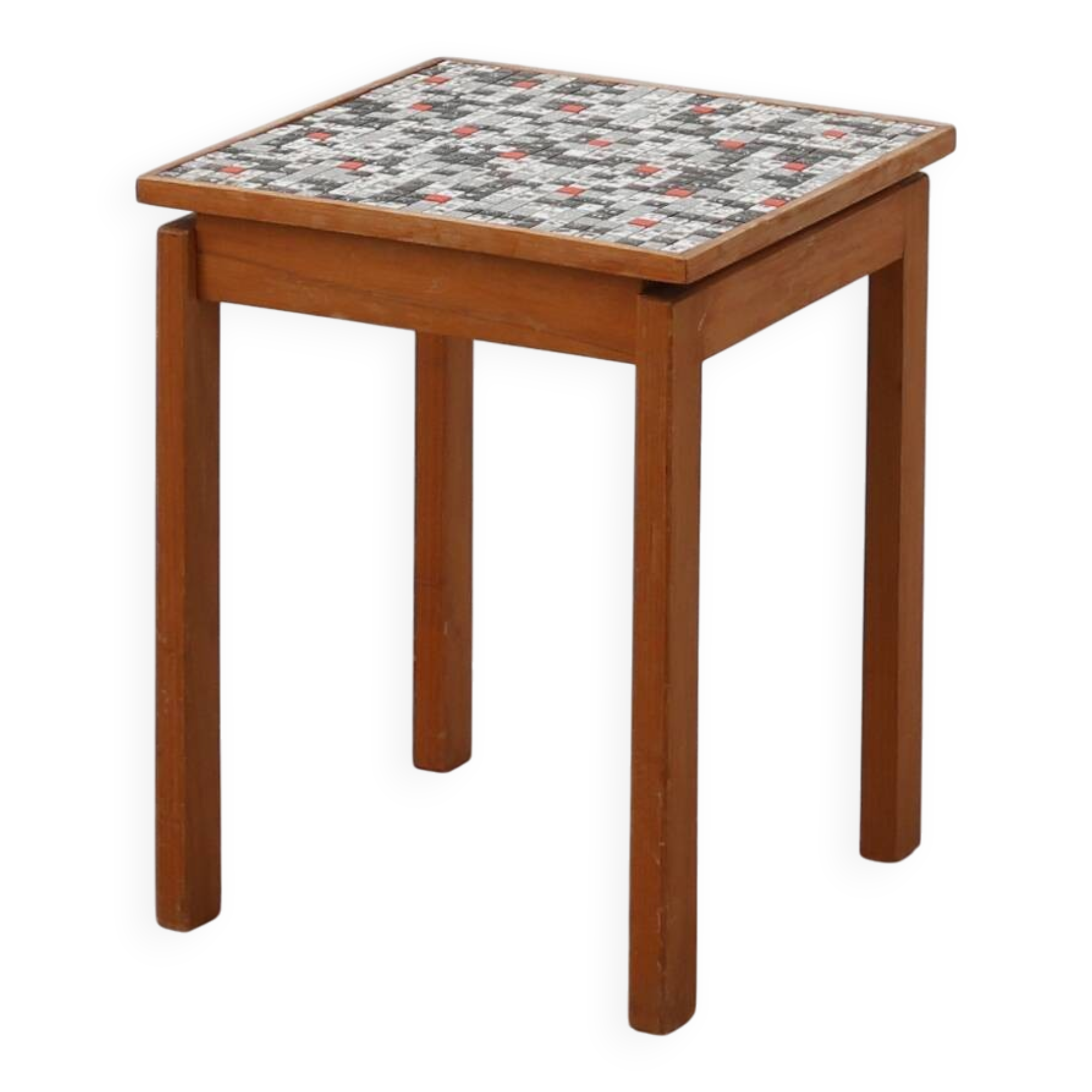 Vintage side table in pine wood tiled with mosaic, Belgium 1950s