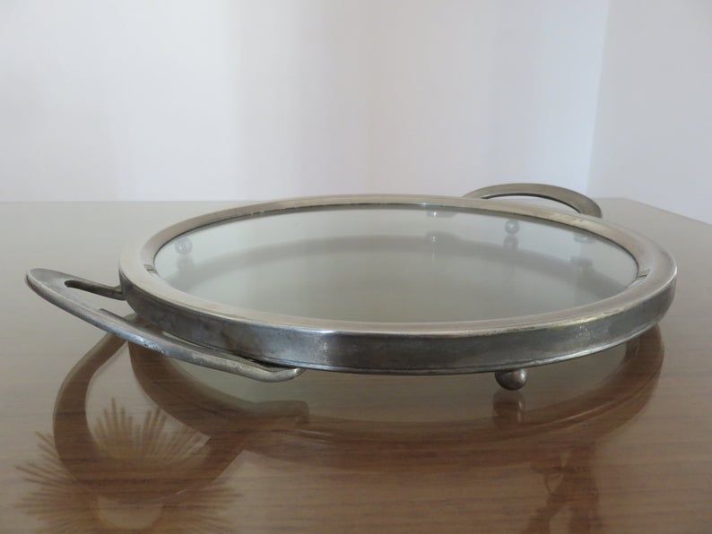 Modernist art deco tray in silver metal and smoked glass 1940s