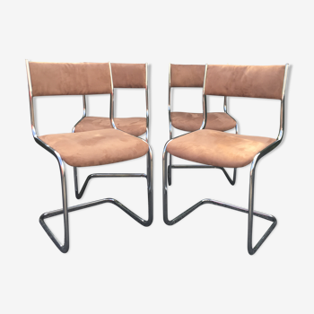 4  chrome steel chairs velvet tobacco 1970