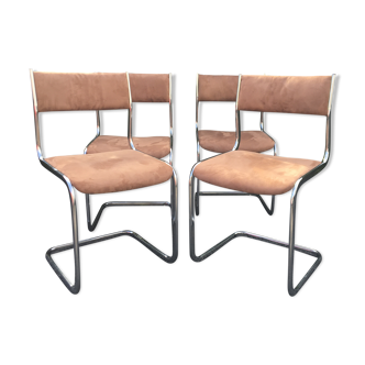 4  chrome steel chairs velvet tobacco 1970