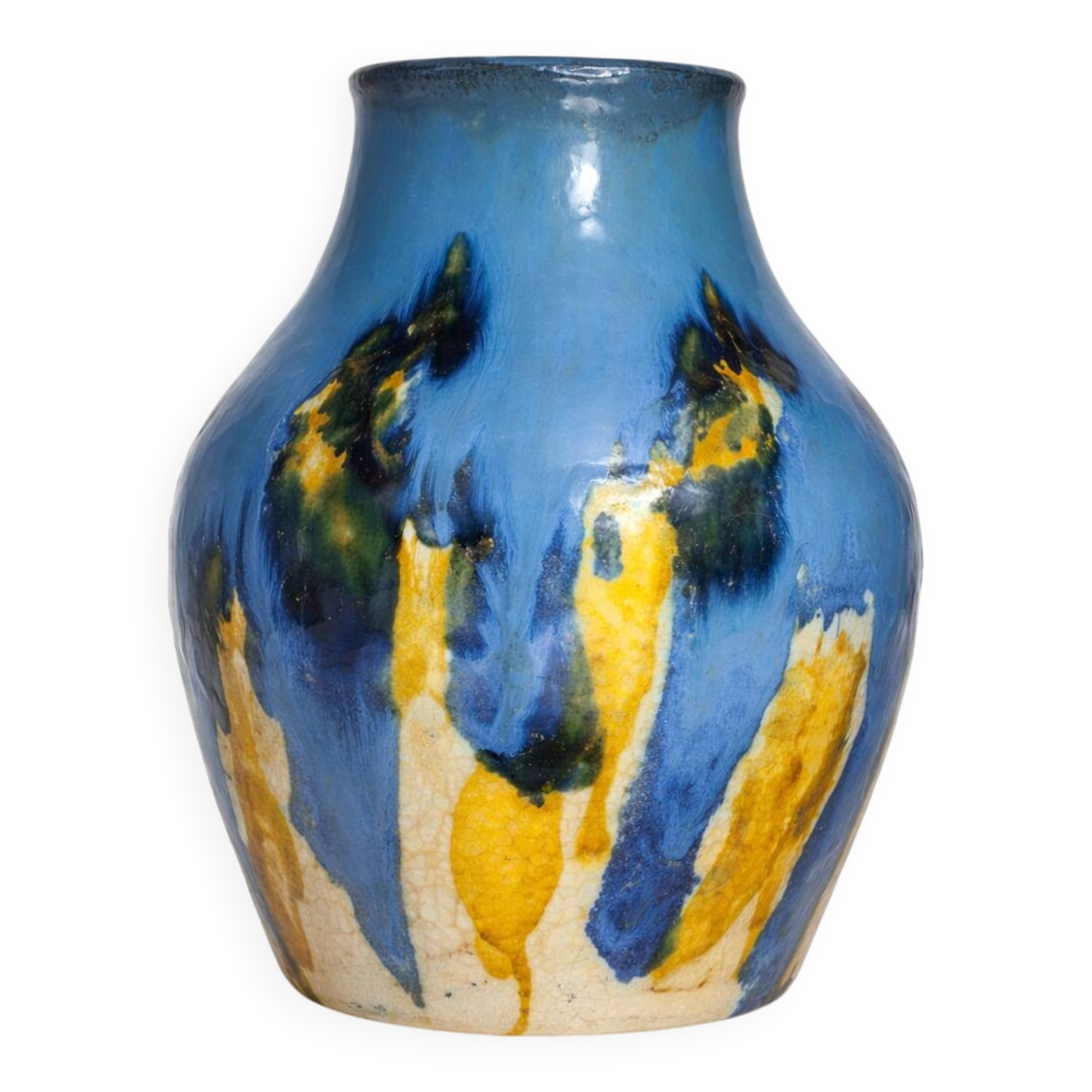 Baluster vase in Belgian ceramic with flowing blue and yellow glazes.
