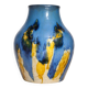 Baluster vase in Belgian ceramic with flowing blue and yellow glazes.
