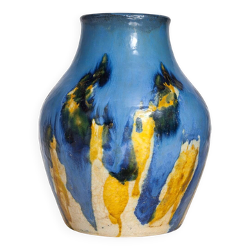 Vase balustre en céramique belge à émaux coulants bleu et jaune