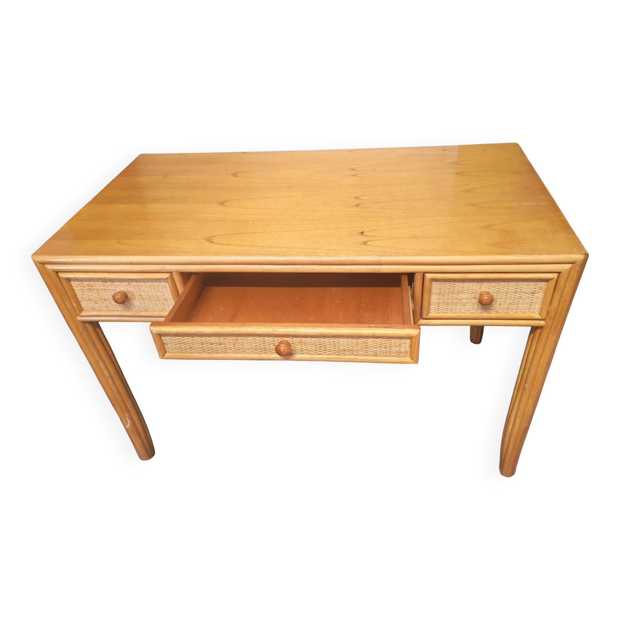 Rattan and varnished pine desk
