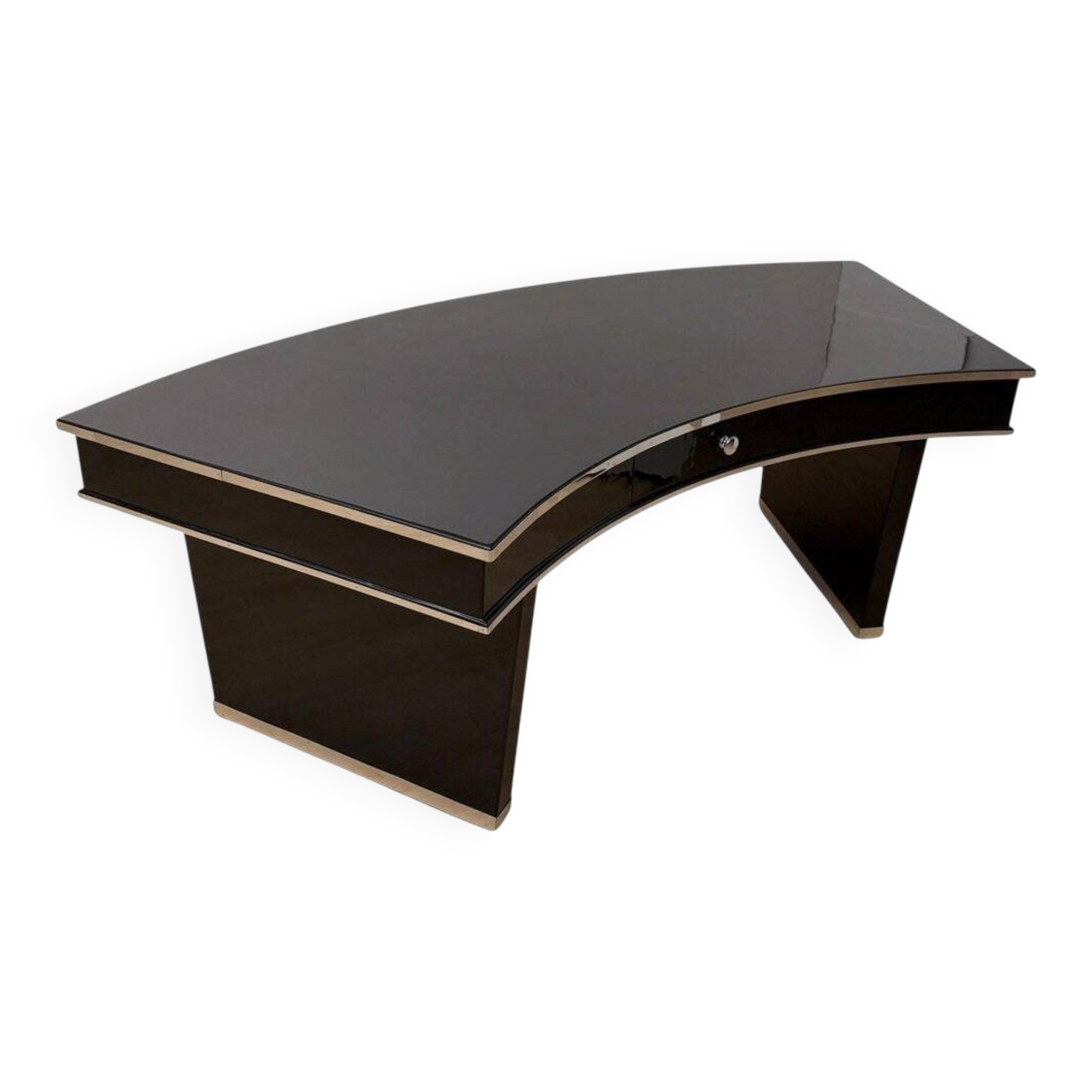 Art Deco desk in black lacquer, walnut & metal, France, 1950