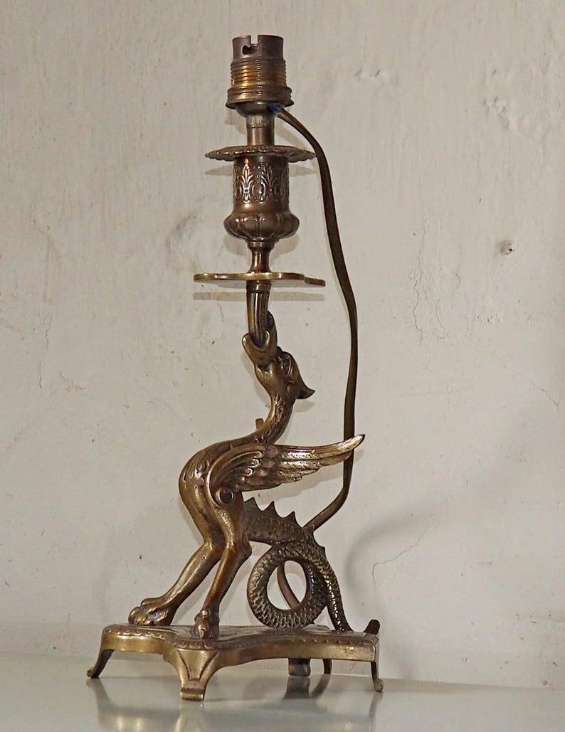 Vintage Brass Dragon Griffin Table Lamp: Mid-Century Modern Lighting