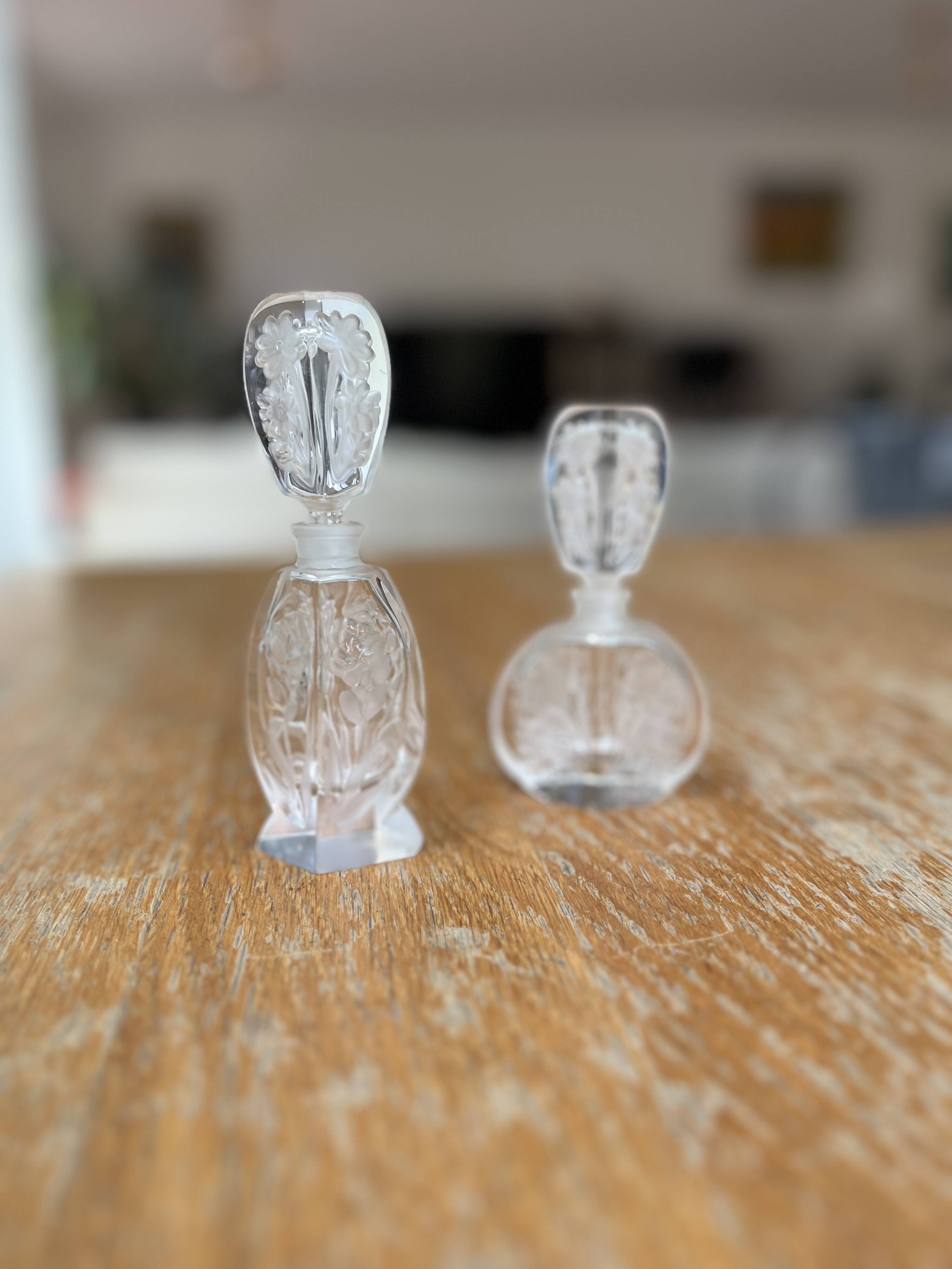 Pair of antique frosted crystal perfume bottles – Signed Charet