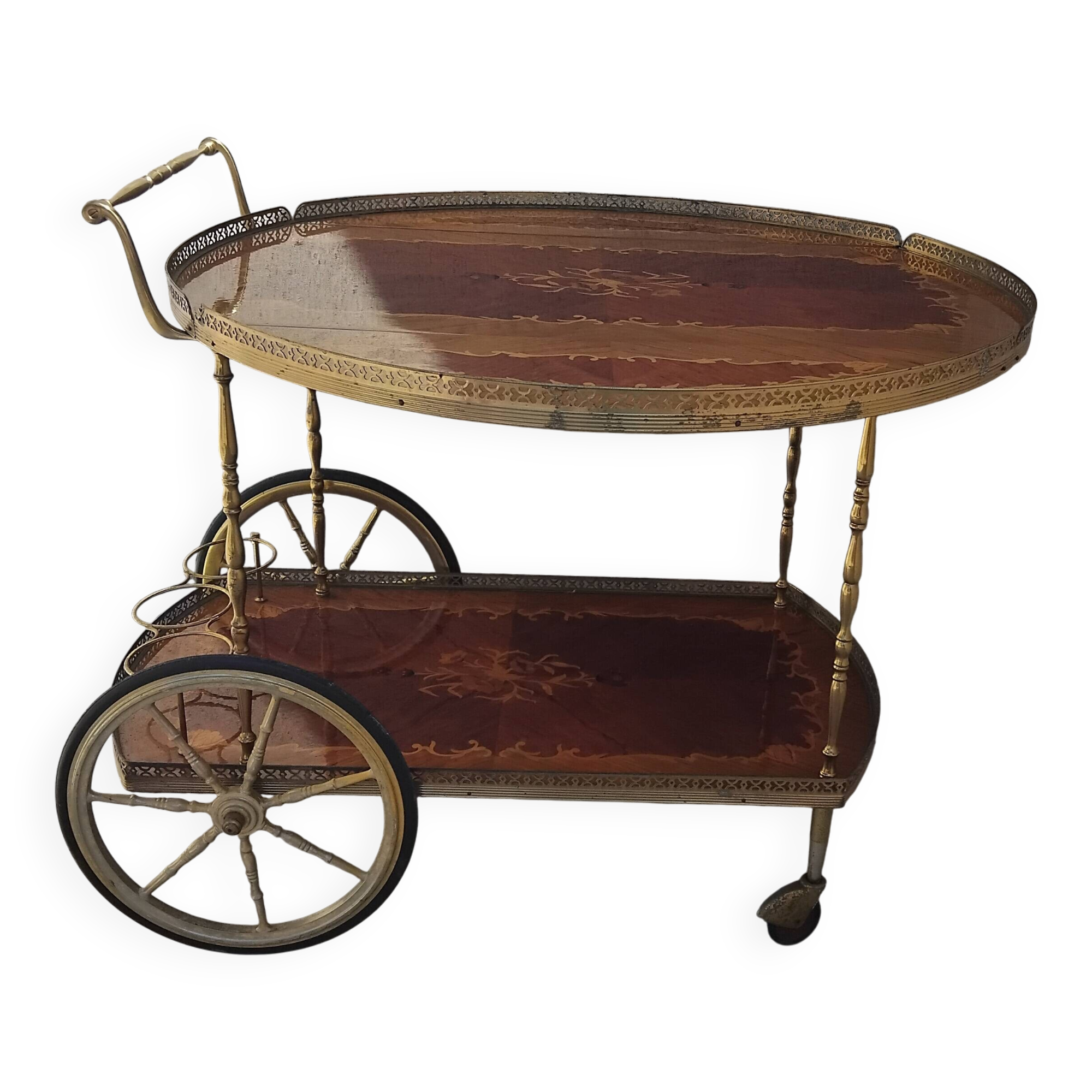 1950s marquetry and brass serving trolley